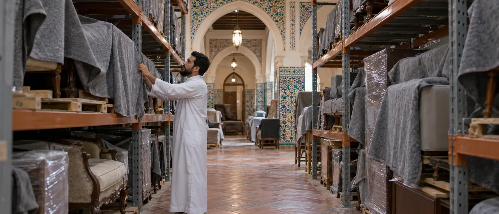أثاث مغطى ببطانيات على رفوف مستودع مرتفعة عند المقارنة بين عروض أرخص شركة تخزين أثاث بالرياض
