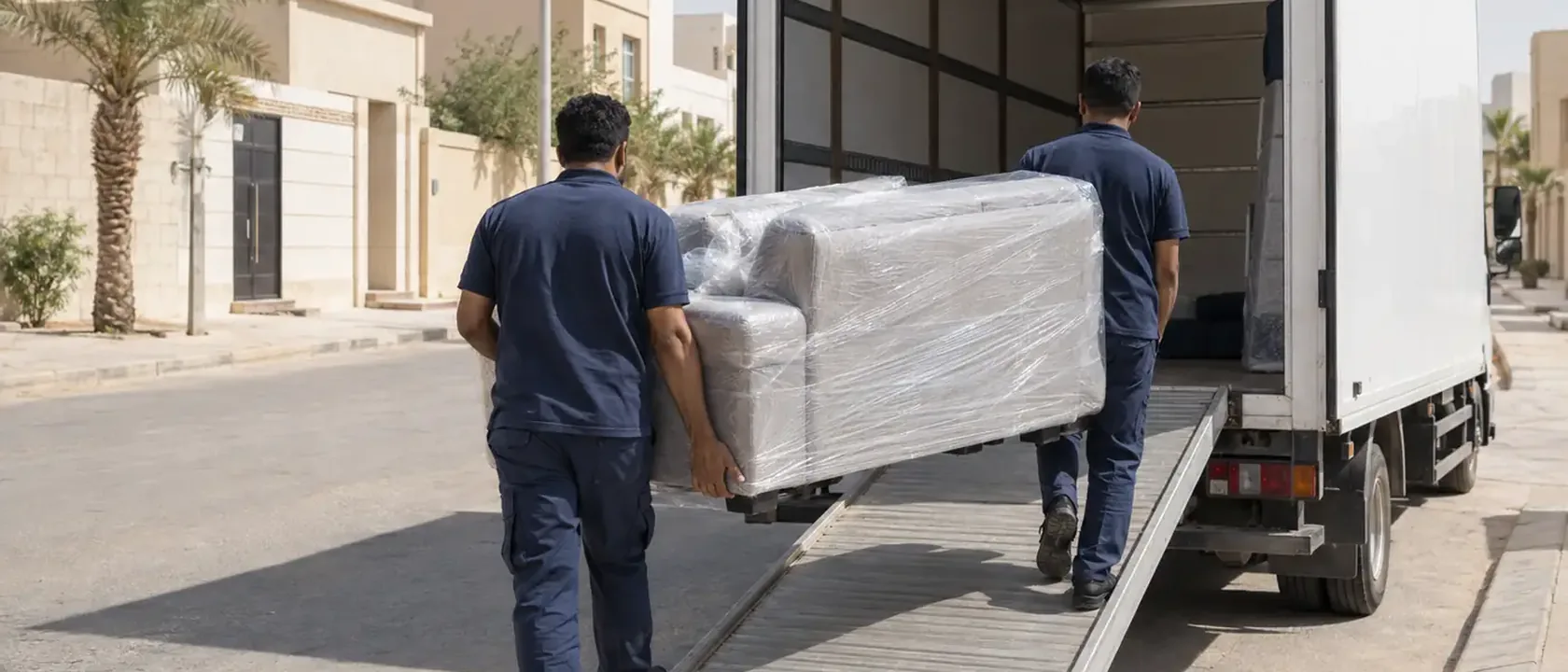 عاملان يصعدان كنبة مغلفة على منحدر شاحنة في حي سكني في نقلة صغيرة يكفيها أرخص نقل عفش بالرياض