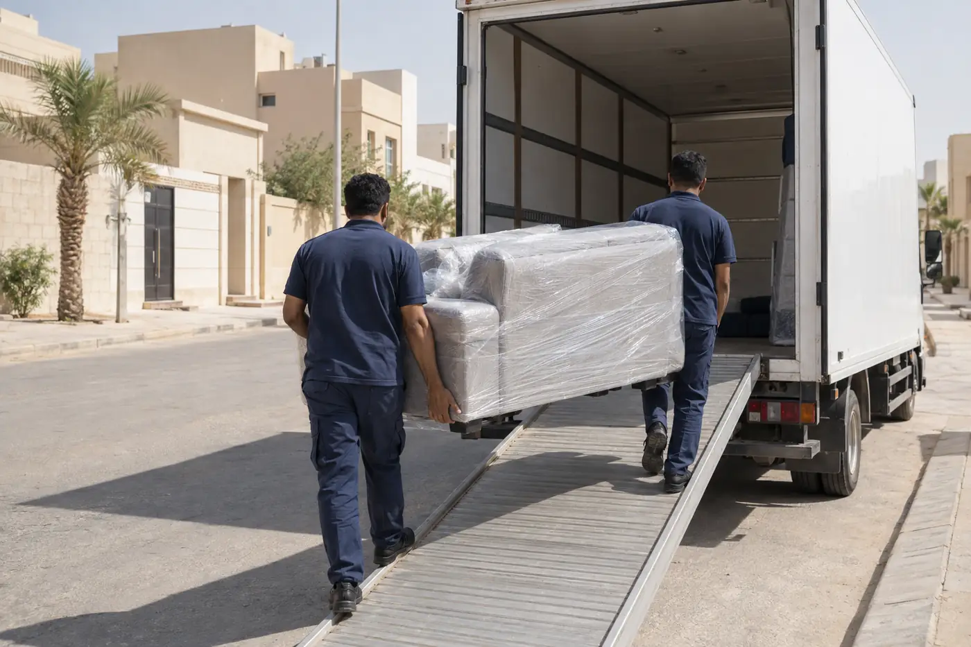 عاملان بملابس عمل كحلية يحملان كنبة مغلفة على منحدر شاحنة عند اختيار أفضل شركة نقل عفش بالرياض