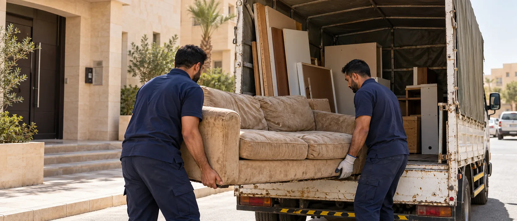 عاملان يحملان كنبة قديمة إلى صندوق دينا طش أثاث قديم بالرياض أمام مدخل بيت