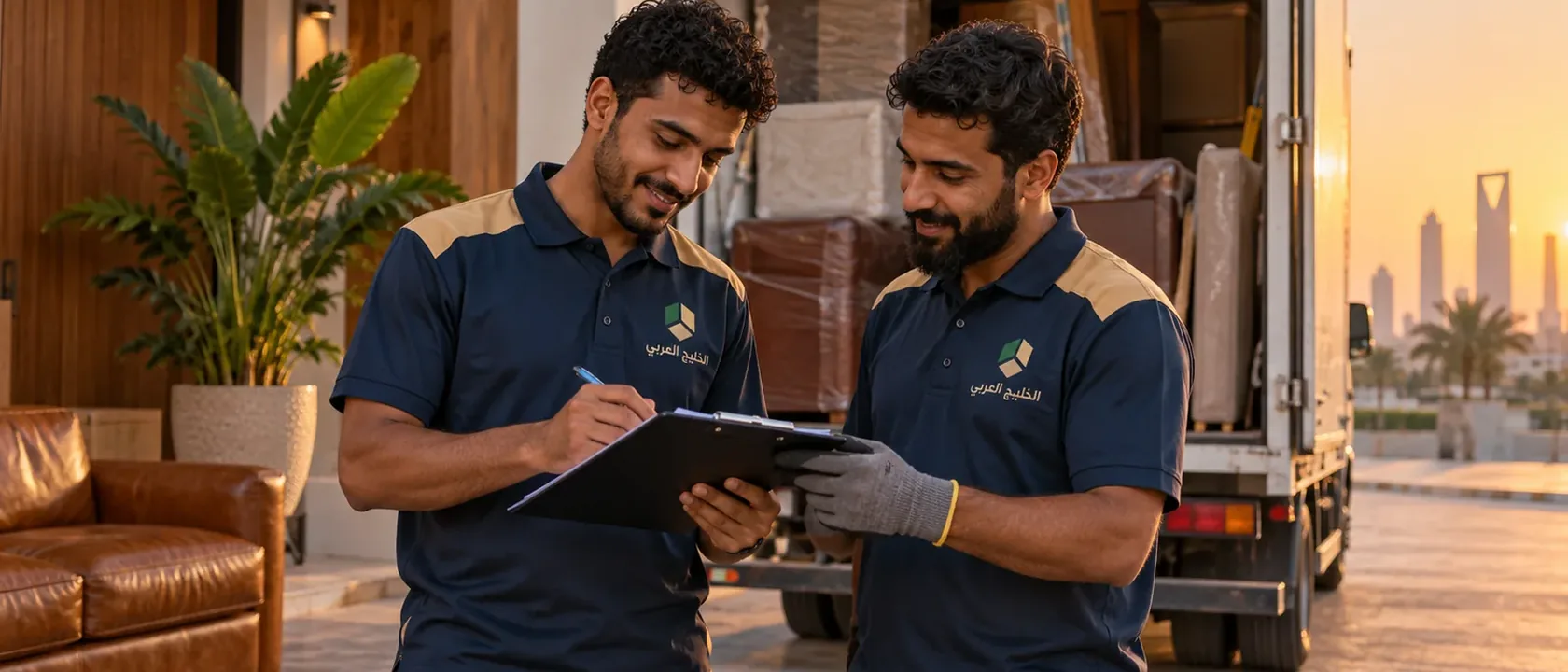 عاملان بملابس عمل يراجعان قائمة جرد الأثاث أمام دينا نقل أثاث خارج الرياض