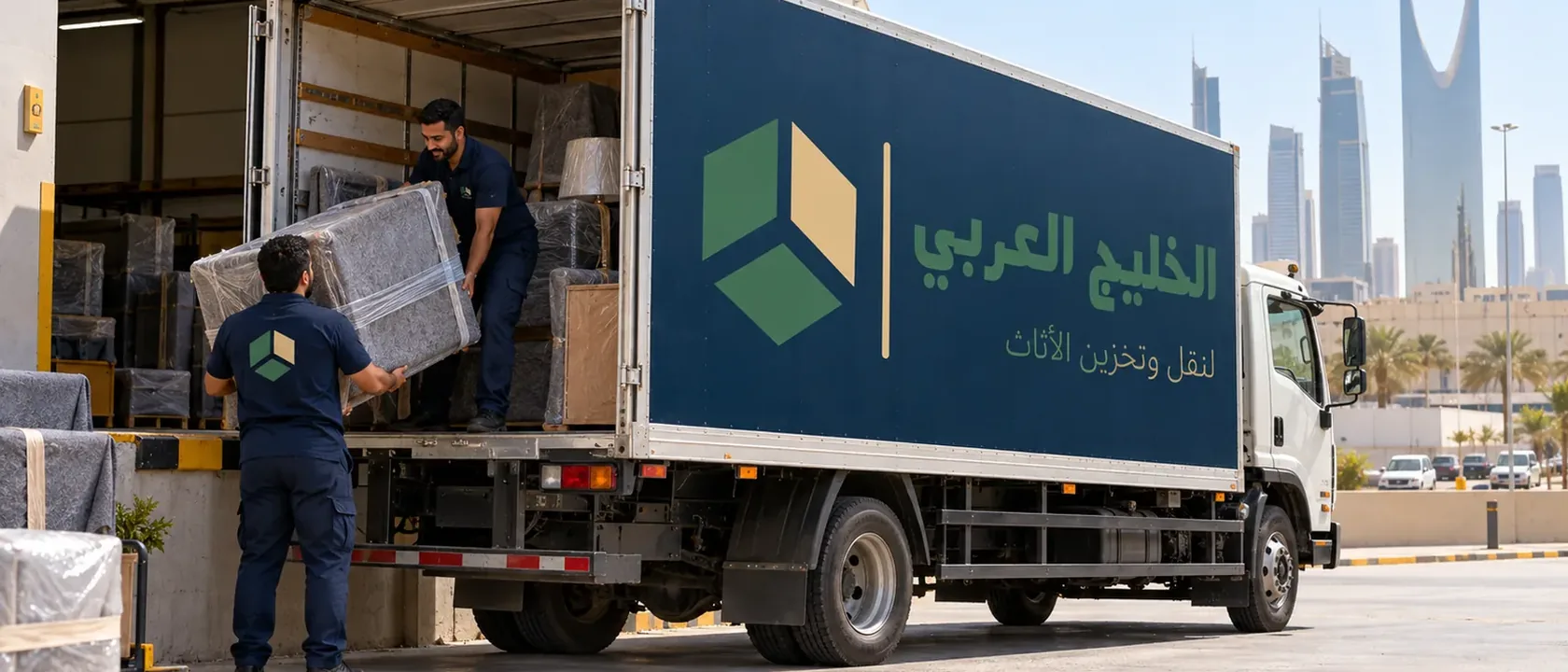 عاملان يحملان أثاثًا مغلفًا إلى شاحنة مفتوحة في الرياض وعدد النقلات يحدد سعر نقل العفش