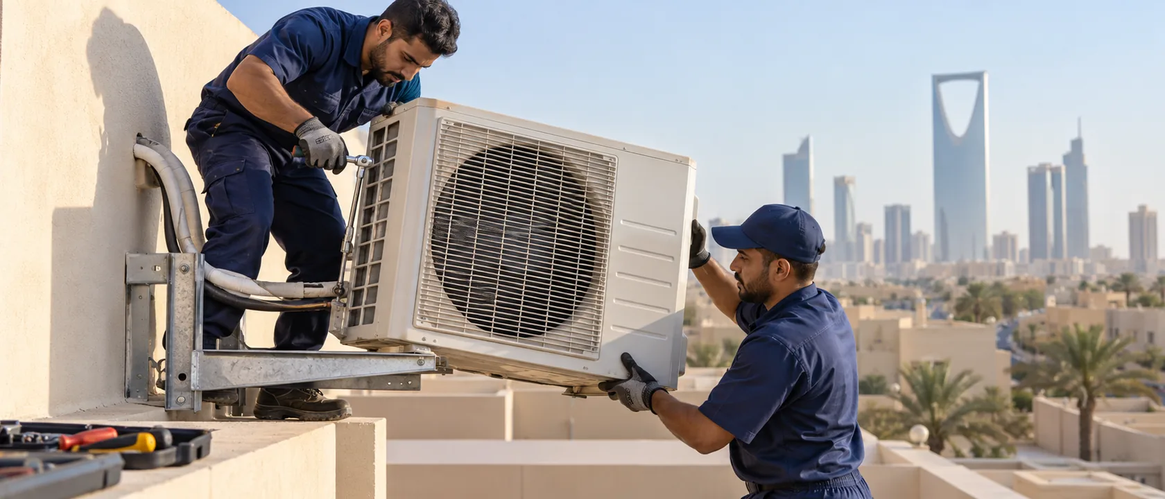 فنيان يفكان الوحدة الخارجية لمكيف سبليت من سطح بيت استعدادًا لنقل مكيف سبليت