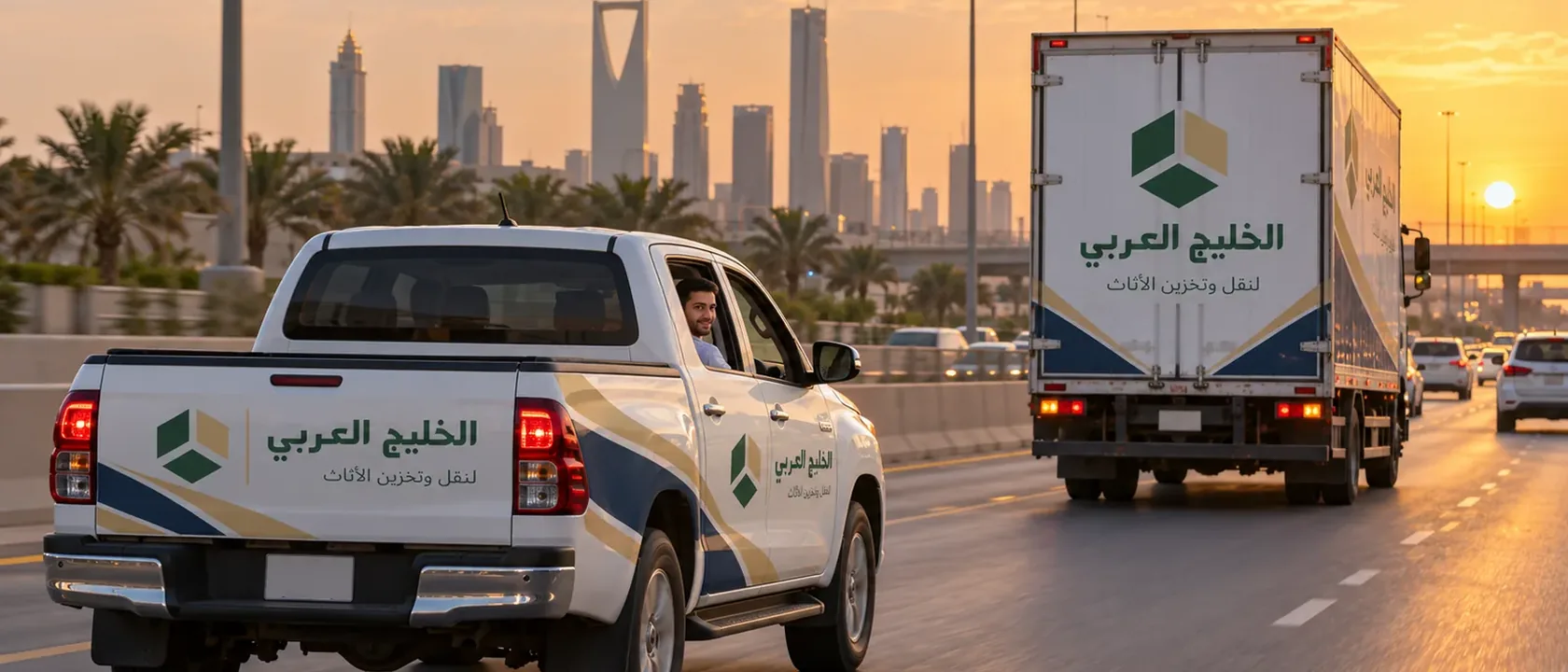 ونيت يتقدم شاحنة نقل على طريق سريع في الرياض وقت الغروب عند المقارنة بين أحجام سيارة نقل أثاث