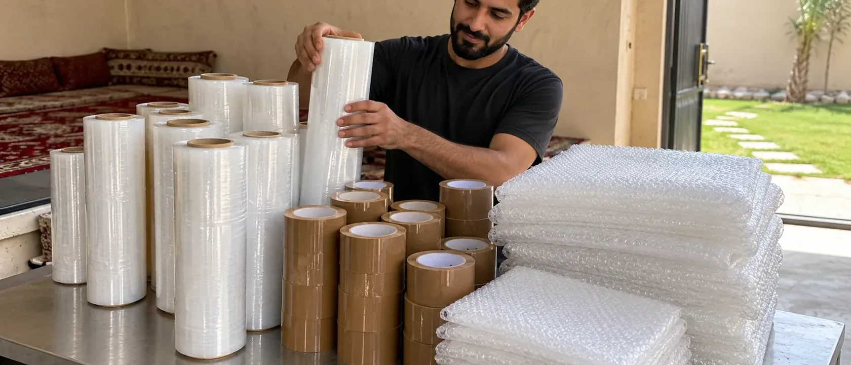 رولات نايلون وشريط لاصق وأكياس ورق فقاعي على طاولة معدنية وهي مواد تغليف الأثاث الأساسية