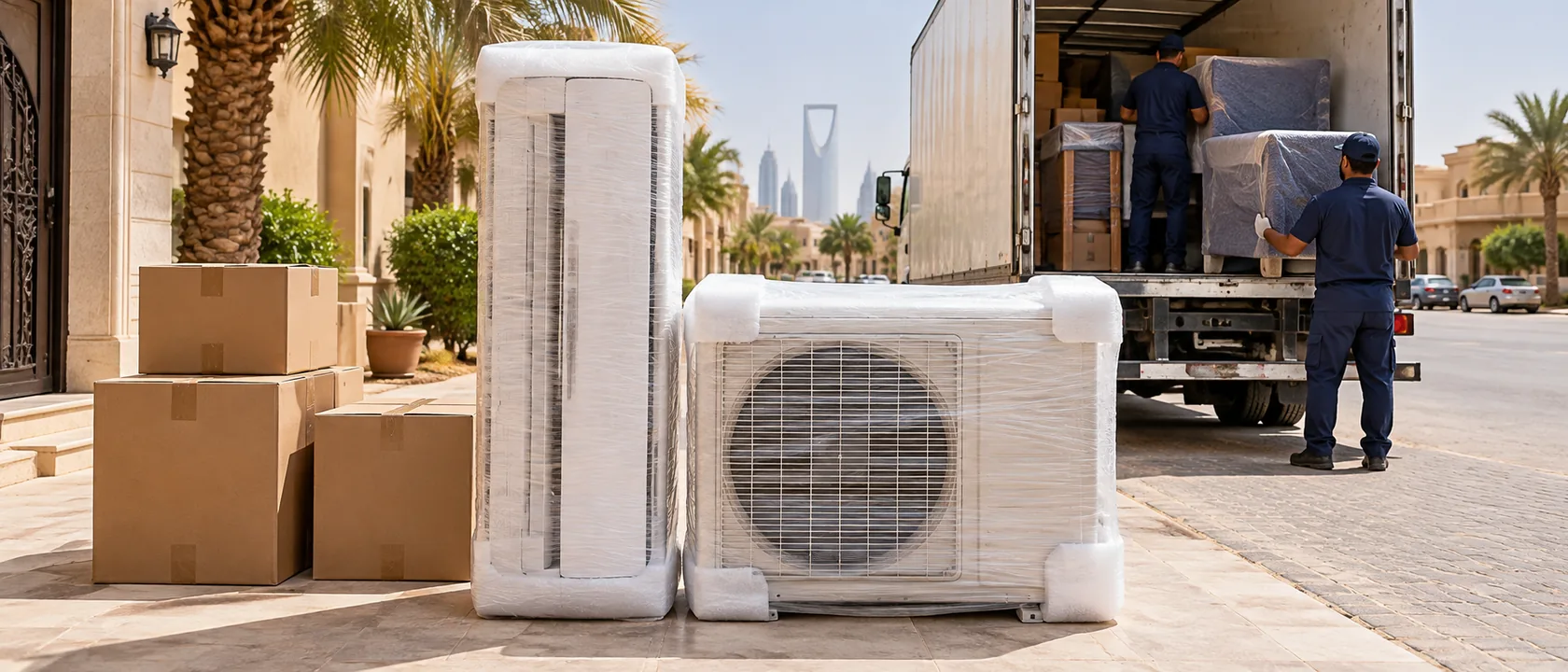 وحدتا مكيف سبليت مغلفتان بجوار كراتين أمام شاحنة قبل نقل مكيفات سبليت بالرياض