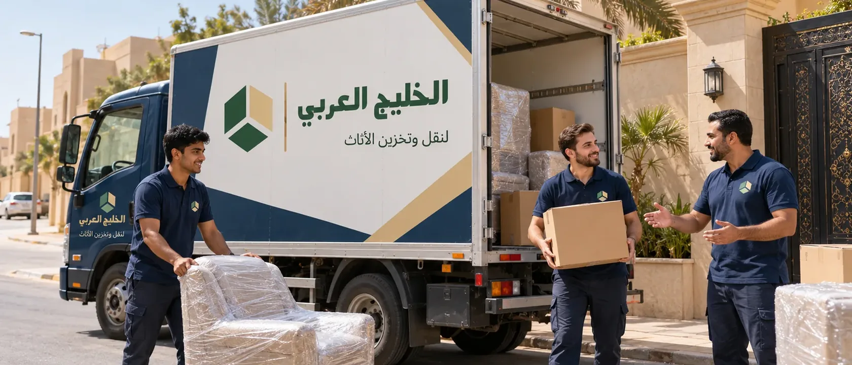 عمال بملابس عمل ينزلون كرتونة وكنبة مغلفة من شاحنة أمام بوابة فيلا في نقل عفش مع الفك والتركيب